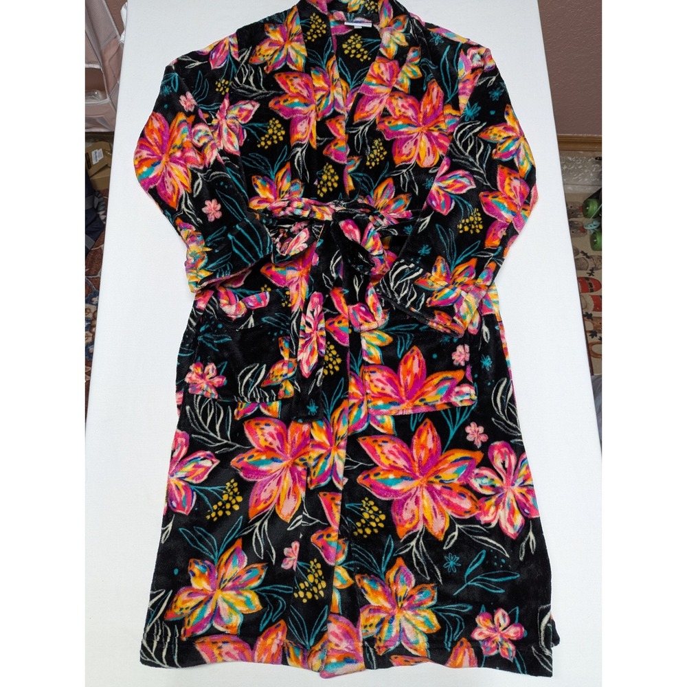 Berkshire Blanket EttaVee Floral Plush Robe Womens Medium Black Pink Tropical M